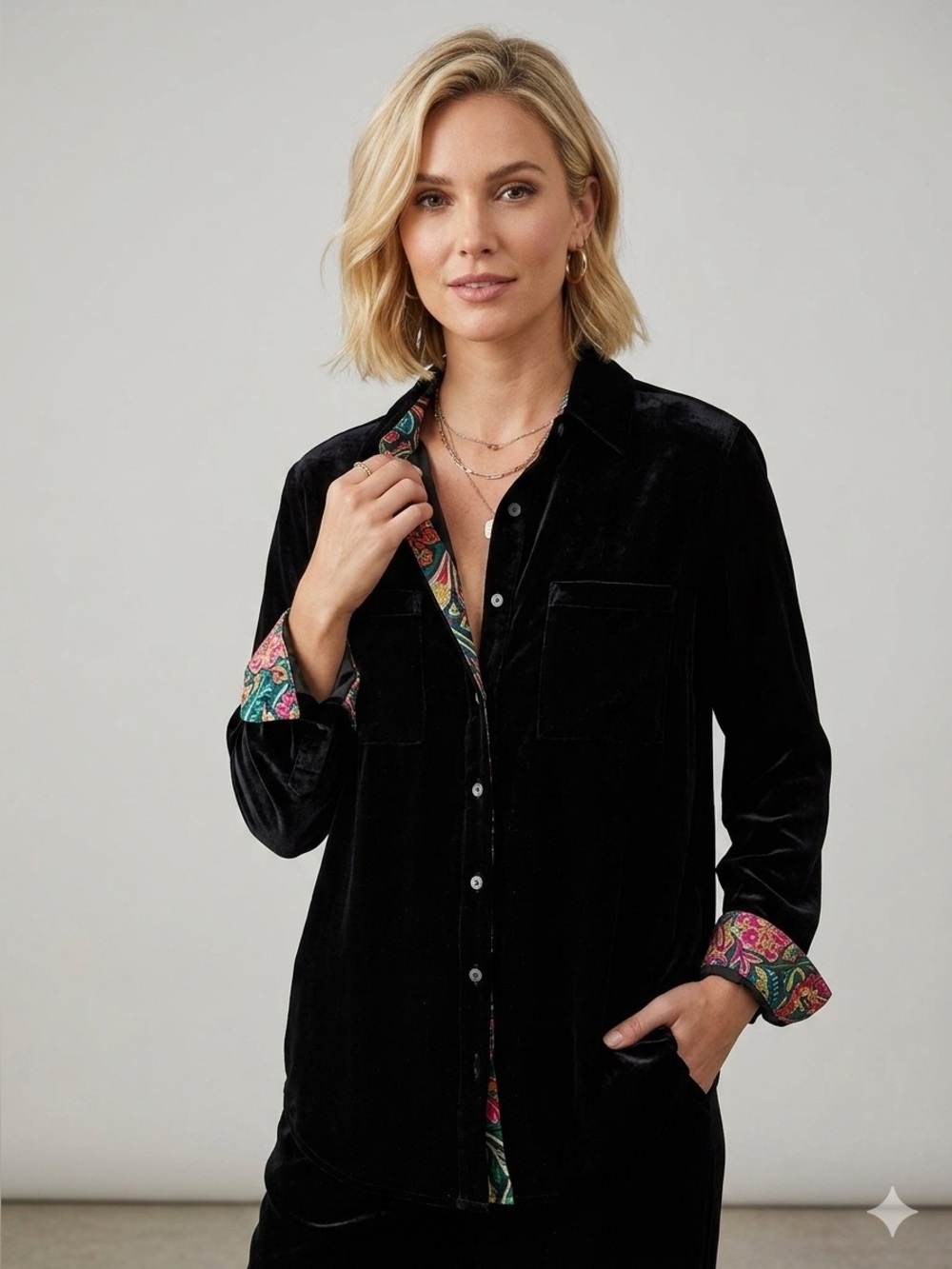 Natural Life Black Velvet with Floral Patterned accent button down top
